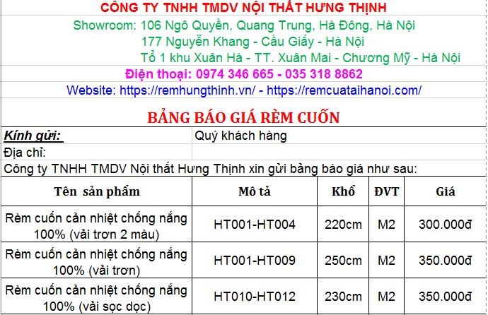Bảng báo giá rèm cuốn văn phòng giá rẻ uy tín tại Hà Nội